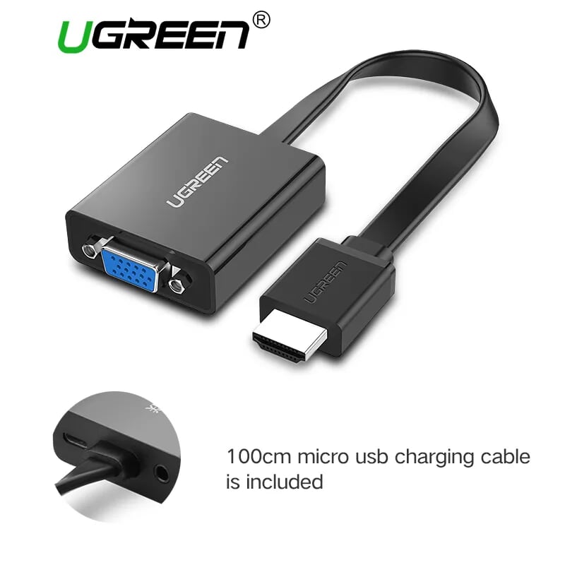 Ugreen 40248 HDMI To VGA 3 5MM Audio Mirco USB Converter Flat Design