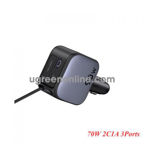 Ugreen 55909 70W 2C1A 3Ports Three Port Fast Car Usb-C Charger With Built-In Usb Typec Retractable Cable EC603 10055909