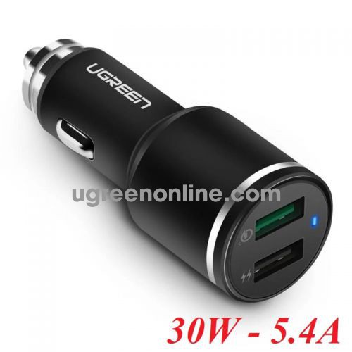 Ugreen 50421 Black 30W 5.4A Car Charger Dual USB QC 3.0 3A and iSmart 2.4A USB CD130 10050421