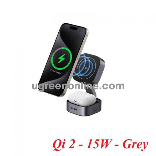 Ugreen 35316 15W chuẩn apple Magsafe Bộ sạc wireless không dây 2 trong 1 màu ghi xám Qi dùng cho điện thoại - tai nghe - đồng hồ W702 10035316