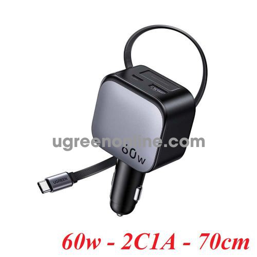Ugreen 55212B 60W 2C1A Màu xám Sạc USB 2 cổng cho ô tô QC 3.0 và PD Type-C kèm dây USB-C 70cm 55212 EC602 10055212