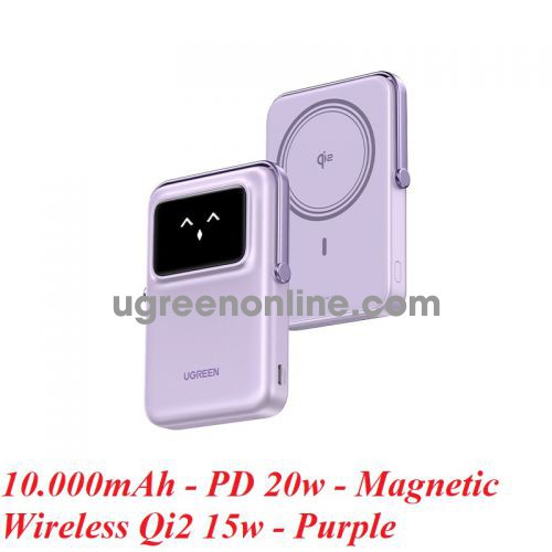 Ugreen 45337 10000mAh Qi2 15W 1c LCD Uno Pin sạc dự phòng dùng cho điện thoại có sạc không dây cho Iphone Màu tím PB764 10045337