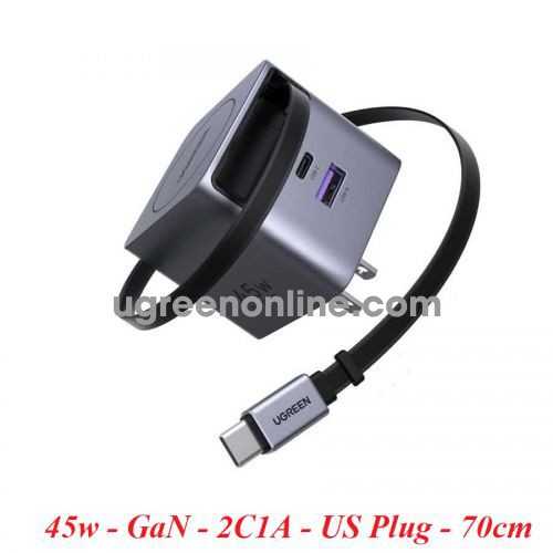 Ugreen 65821 45w GaN 2C1A Sạc điện thoại 1 cổng USB typeC và USB-A kèm dây gắn sẵn USB-C dài 70cm Chân cắm dẹp chuẩn US màu đen X614 10065821