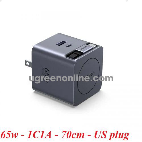Ugreen 65824 65W GaN kèm dây rút typec dài 70cm màu xám Sạc điện thoại 1 cổng USB-C và 1 cổng USB-A chân cắm US dẹt X615 10065824