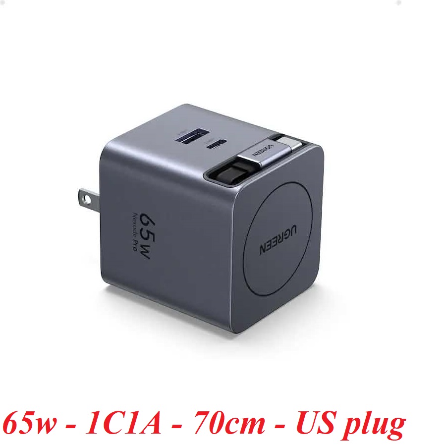 Ugreen 65824 65W GaN kèm dây rút typec dài 70cm màu xám Sạc điện thoại ...