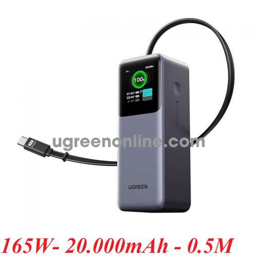 Ugreen 55987 20000mAh 2 cổng đầu ra 1c1a và dây USB-C tích hợp 65cm màu xám Pin Li-ion sạc dự phòng dùng cho điện thoại laptop PB726 10055987
