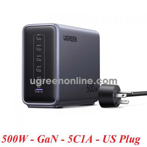 Ugreen 55549 màu Đen GaN 500w PD3.1 Bộ sạc 6 cổng GaN US 5*USB-C + 1*USB-A Sạc nhanh tối đa 240W PD3.1 chân cắm US X575 10055549