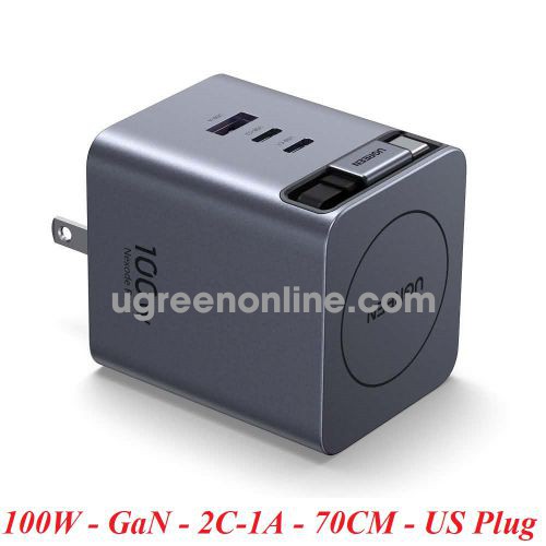 Ugreen 65827 100W 2c1a GaN kèm dây rút typec dài 70cm màu đen chân cắm dẹt màu xám Sạc điện thoại 2 cổng USB-C và 1 cổng USB-A X616 10065827