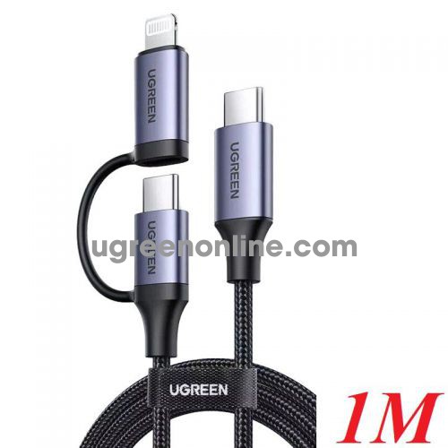 Ugreen 60329 1m 2in1 USB type C Male to USB-C Male + Lightning Female Alu Case Braided Cable Dark gray US529 10060329