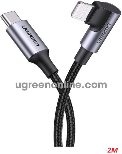 Ugreen 60765 2M 3A Type C 2.0 to Lightning 90° Angle Aluminum Case + Braid Gray US305 10060765