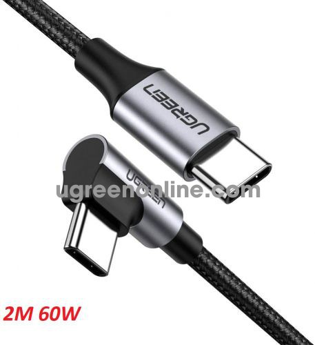 Ugreen 50125 2M 60W PD USB type C to Angled Fast Charging Cable Aluminum Shell Nickel Plating Gray Black US255 10050125