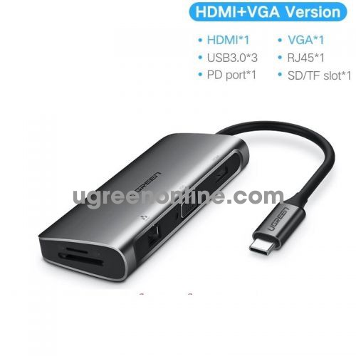 Ugreen 40873 usb c to 3*usb 3.0 hdmi vga rj45 sd&tf converter type c pd power converter bạc cm179 10040873