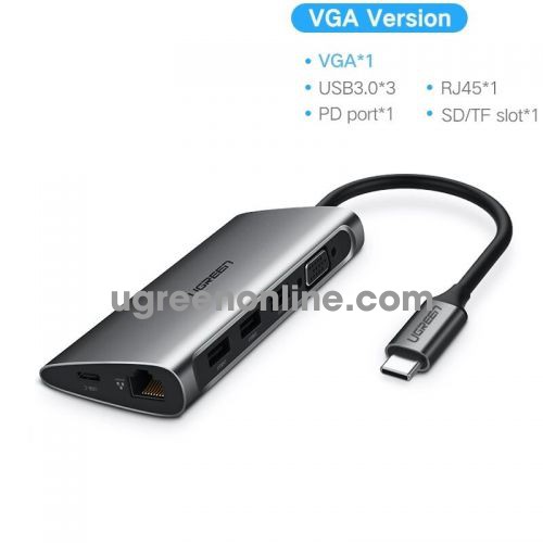 Ugreen 50539 usb c to 3*usb 3.0 vga rj45 sd&tf converter type c pd power converter xám cm179 10050539