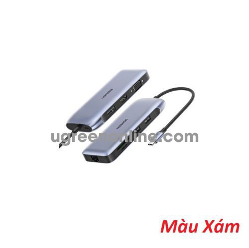 Ugreen 70301 USB C To 2*USB 3.0 A + HDMI + VGA + DP + RJ45 Gigabit + SD TF + PD Converter Gray with PD CM274 10070301