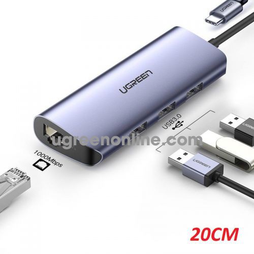Ugreen 60717 USB type c To 3 x USB 3.0 A HUB + Gigabit LAN + PD power Converter Gray CM252 10060717