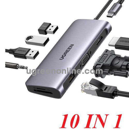 Ugreen 80133 10 IN 1 Grey type C To 3 x usb A 3.0 + HDMI + VGA + RJ45 Gigabit + SD - TF + AUX 3.5mm + 65w PD Power CM179 10080133
