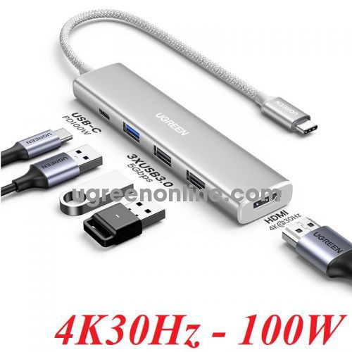 Ugreen 35580 3 x USB-A 3.0 - HDMI 4K30Hz - USB-C pd 100w 5 in 1 USB type C Hub Creamy White color CM478 10035580