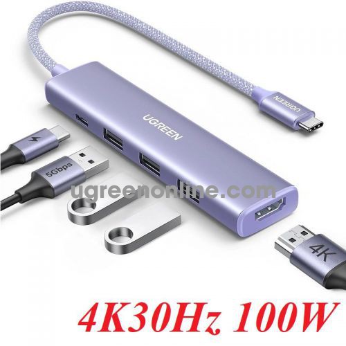 Ugreen 35582 3 x USB-A 3.0 - HDMI 4K30Hz - USB-C pd 100w 5 in 1 USB type C Hub Creamy Purple CM478 10035582