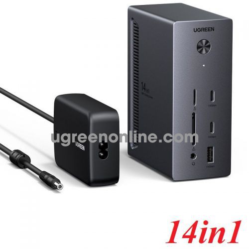 Ugreen 85489 14in1 revodok pro docking station type-c expansion dock dp displayport 8k hdmi 4k60hz 2x usb-c 10gbps + 2x usb-a + 170mb/s sd / tf card slots + gigabits ethernet + 3.5mm aux + 100w pd and 140w power adapter four screen display cm843 1008
