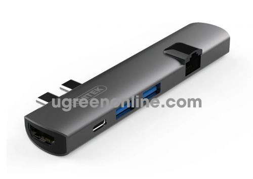 Unitek 97484 D008A 100W Màu Xám Bộ chuyển 2 USB Type-C sang 2 cổng USB 3.0 + HDMI + Lan Gigabit + có cổng hổ trợ nguồn USB Type-C 10097484