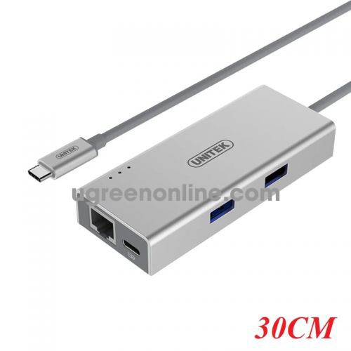 Unitek 98312 Y-9106 60W 30CM Màu Bạc Bộ chuyển đổi USB Type-C sang 2 cổng USB 3.0 + Lan Gigabit + USB Type-C PD Female 10098312