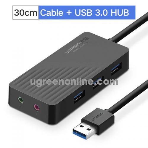 Ugreen 30420 30cm màu đen 3 port usb 3.0 hub with external stereo sound adapter cr133 10030420